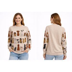 Women’s Size Small Boutique Whimsical Dog Print Crewneck Long Sleeve Sweater #G